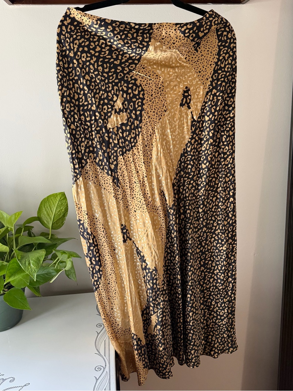 Rixo Gold Leopard Print Silk Bias Skirt